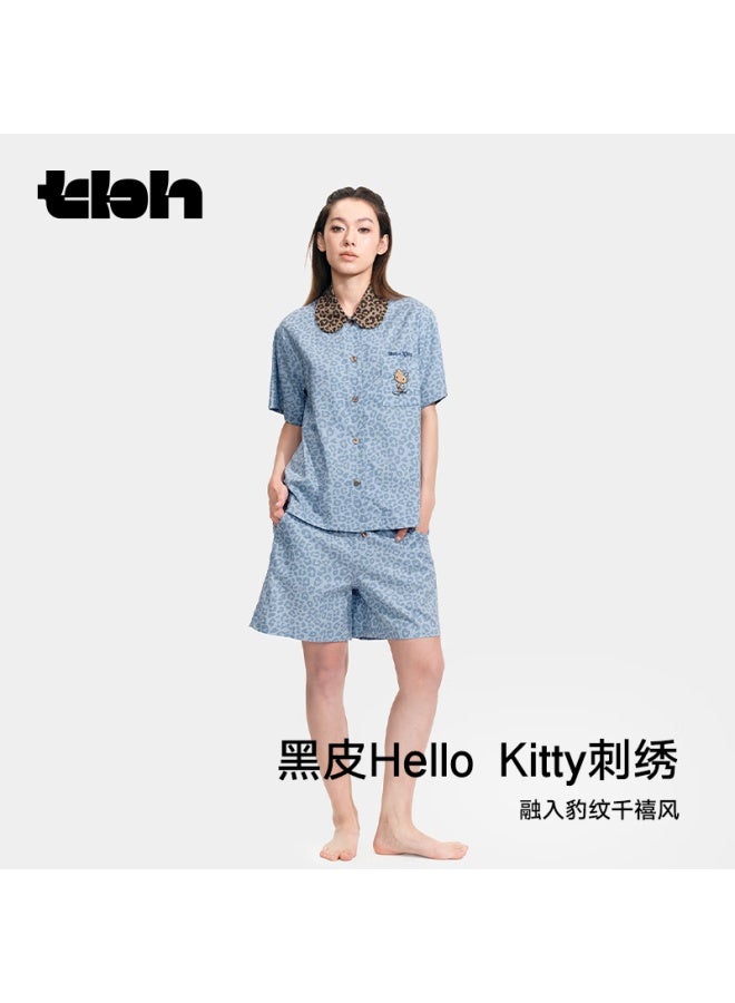 Tbh Sanrio o Kitty Tencel Cotton Loungewear Set, Wearable Outside As Pajamas, Long Style, Denim Leopard Pattern, Xs - Image 1