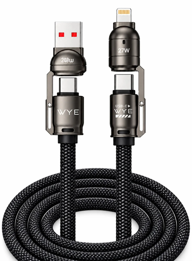 واي كابل شحن ونقل بيانات WYE 4 في 1 سريع بطول 1.5 متر، USB-A/USB-C إلى USB-C/8 سنون، مضفر متعدد الموصلات بقوة 240 واط للآيفون والآيباد والماك بوك وأجهزة الأندرويد