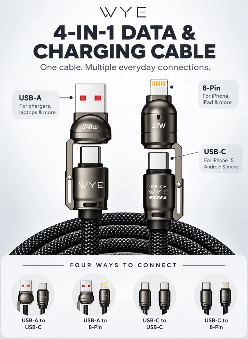 واي كابل شحن ونقل بيانات WYE 4 في 1 سريع بطول 1.5 متر، USB-A/USB-C إلى USB-C/8 سنون، مضفر متعدد الموصلات بقوة 240 واط للآيفون والآيباد والماك بوك وأجهزة الأندرويد