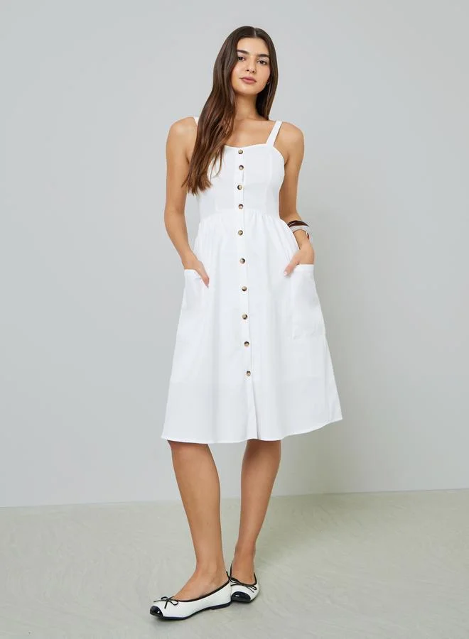 تايك تو White Button Front Midi Dress with Patch Pocket