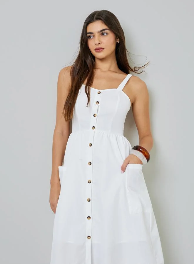 تايك تو White Button Front Midi Dress with Patch Pocket