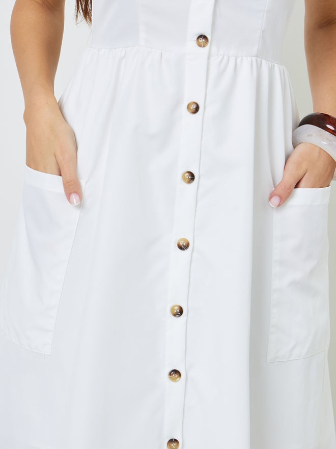 Styli White Button Front Midi Dress with Patch Pocket - Image 4