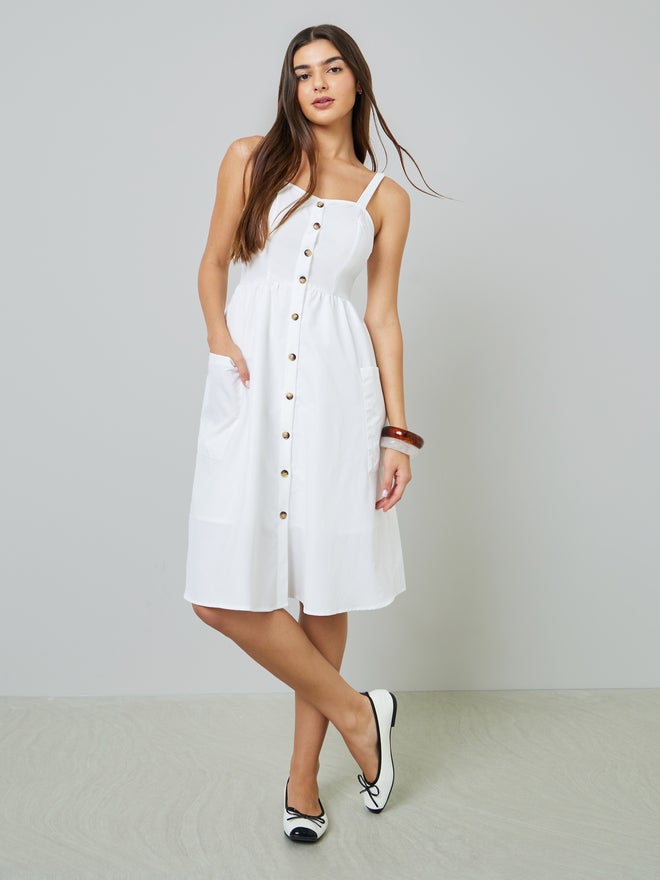 Styli White Button Front Midi Dress with Patch Pocket - Image 3