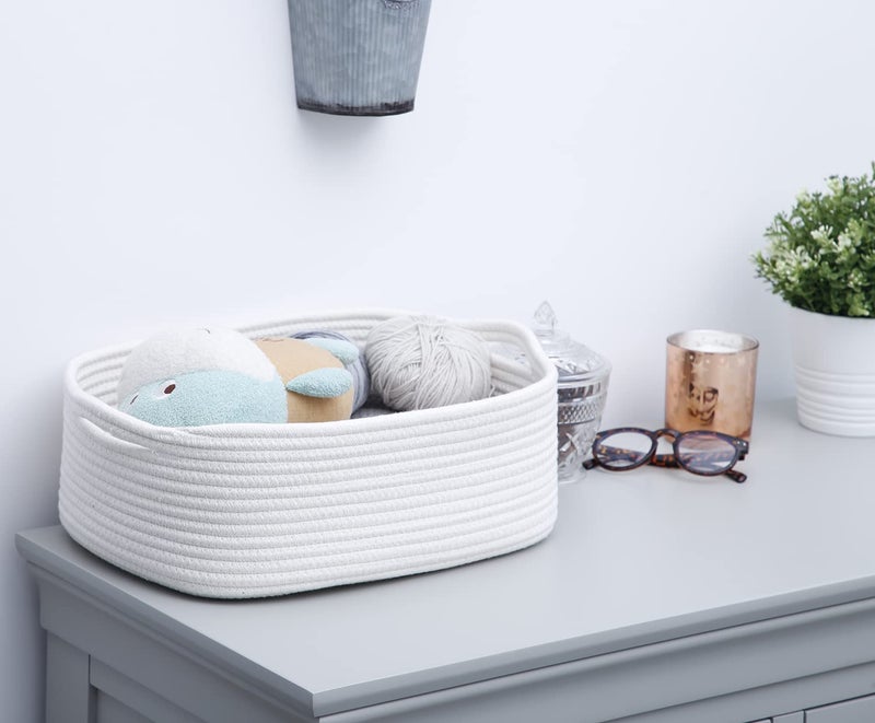 CIKI HOME Woven Cotton Rope Storage Basket, Cube Changing Table Organizer for Closet Towels, Baby Nursery Bin, Small Dog Cat Toy Box, Gift Baskets empty (White) - Image 2