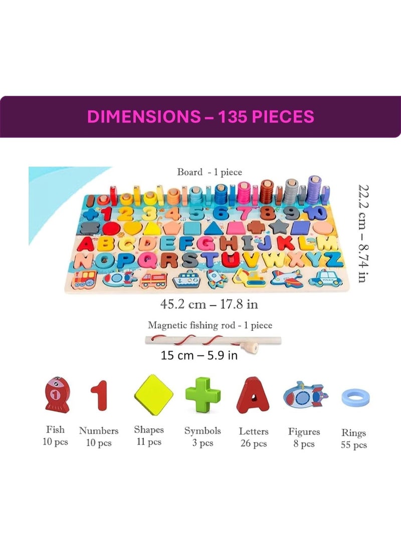 Wooden Magnetic Fishing Game for Toddlers, logarithmic Board, Wooden Number Puzzle with 135 Pieces. Stacking Toy. Juegos para niños 2-3 años. Magnetic Alphabet Maze Board. Nest Puzzle. - Image 2