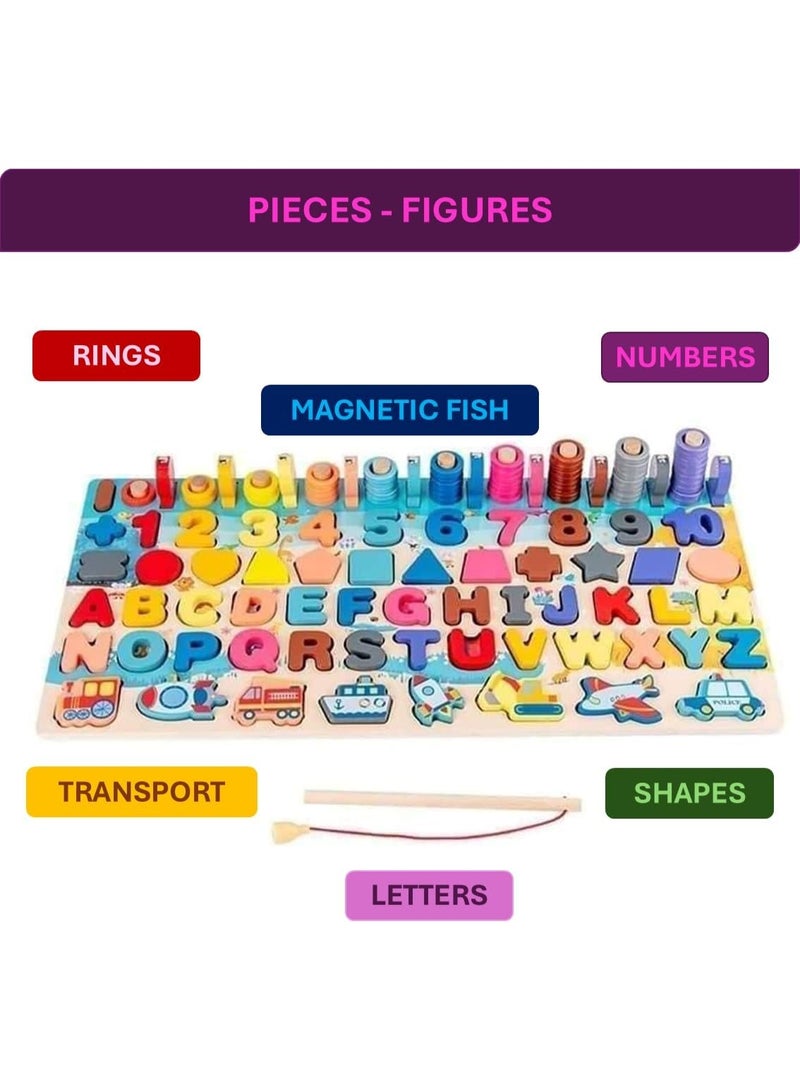 Wooden Magnetic Fishing Game for Toddlers, logarithmic Board, Wooden Number Puzzle with 135 Pieces. Stacking Toy. Juegos para niños 2-3 años. Magnetic Alphabet Maze Board. Nest Puzzle. - Image 5