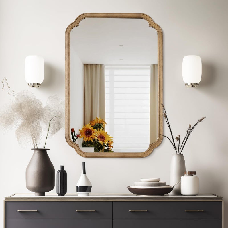 WallBeyond 24" x 36" Rounded Corner Arch Wall Mirror with Wood Frame for Entryway, Living Room or Bedroom Home Decor - Light Woodgrain, Honey-Colored - Image 3