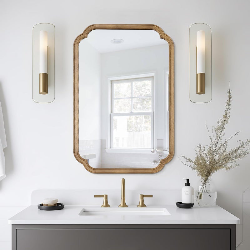 WallBeyond 24" x 36" Rounded Corner Arch Wall Mirror with Wood Frame for Entryway, Living Room or Bedroom Home Decor - Light Woodgrain, Honey-Colored - Image 1