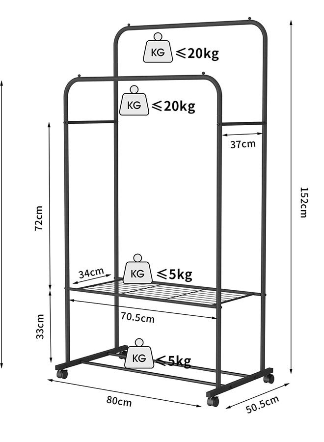 Double Hanging Clothes Rack Metal Clothing Rail with Wheels Open Wardrobe Portable Rolling Garment Hanger with Shelf Clothing Drying Organizer Coat Stand Black  - Image 2