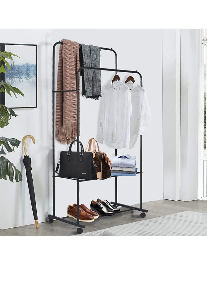Double Hanging Clothes Rack Metal Clothing Rail with Wheels Open Wardrobe Portable Rolling Garment Hanger with Shelf Clothing Drying Organizer Coat Stand Black  - Image 3