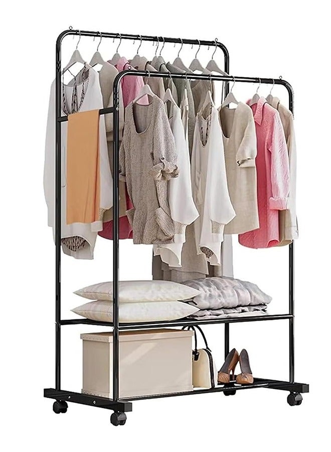 Double Hanging Clothes Rack Metal Clothing Rail with Wheels Open Wardrobe Portable Rolling Garment Hanger with Shelf Clothing Drying Organizer Coat Stand Black  - Image 1