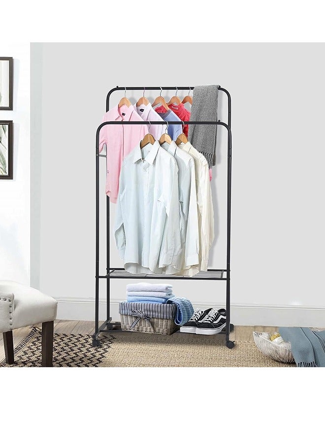 Double Hanging Clothes Rack Metal Clothing Rail with Wheels Open Wardrobe Portable Rolling Garment Hanger with Shelf Clothing Drying Organizer Coat Stand Black  - Image 5