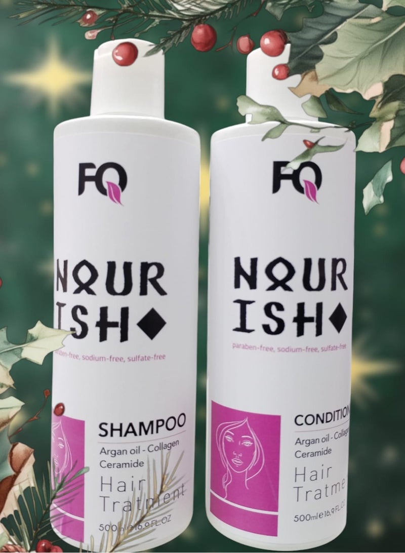 FQ Hair care set to protect hair from falling out and split ends with natural products with collagen and argan oil. Shampoo 500 ml and conditioner 500 ml. - Image 1