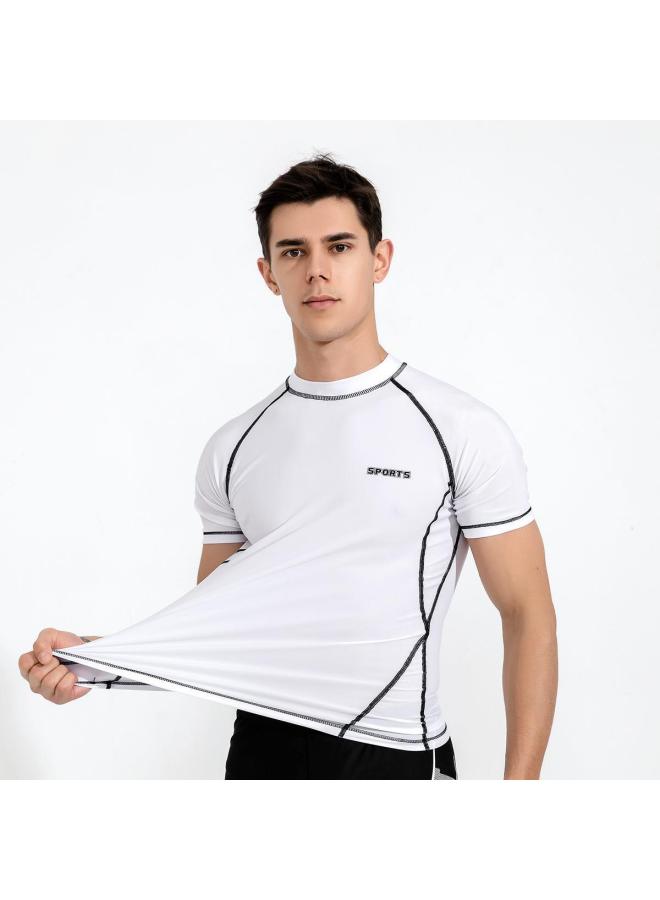 Generic Swimwear Men's Split Two-piece Set Men's Sunscreen Short-sleeved Surfing Scuba Suit Large Size Beach Swimming Trunks For Men-Color:White Top-Size:XL（55-65kg）  - Image 1