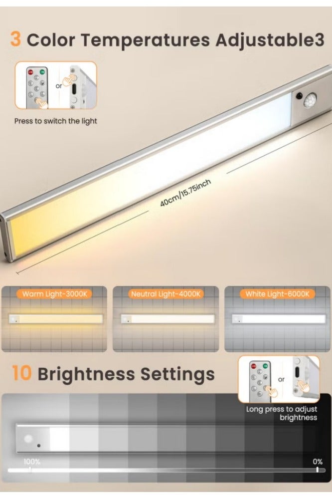 BESTPEAK 40cm LED cabinet sensor light   cabinet lighting   LED wardrobe light strip   easy to install   adjustable LED light with 3 color temperatures   human body sensor light   rechargeable lighting with remote control   LED light strip suitable for kitchens   bedrooms   hallways   wine cabinets - Image 3