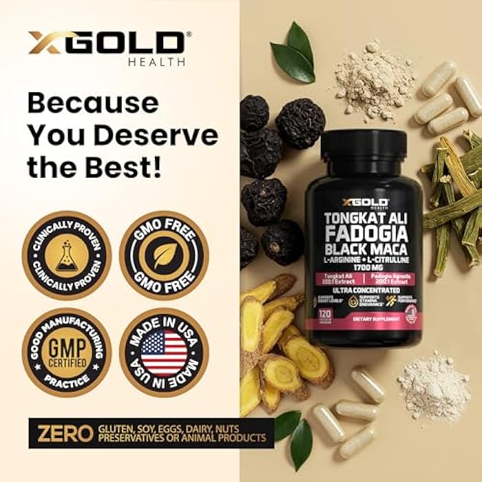 X Gold Health 5-1 Tongkat Ali | Fadogia Agrestis | Maca | L-Arginine | L-Citrulline | Energy, Vitality & Stamina Booster for Men & Women | Non-GMO Made in USA 120 Capsules - Image 5