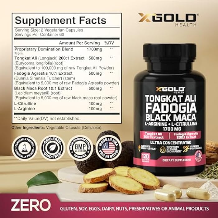 X Gold Health 5-1 Tongkat Ali | Fadogia Agrestis | Maca | L-Arginine | L-Citrulline | Energy, Vitality & Stamina Booster for Men & Women | Non-GMO Made in USA 120 Capsules - Image 2