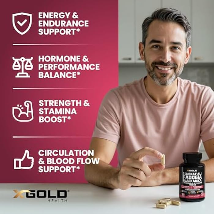 X Gold Health 5-1 Tongkat Ali | Fadogia Agrestis | Maca | L-Arginine | L-Citrulline | Energy, Vitality & Stamina Booster for Men & Women | Non-GMO Made in USA 120 Capsules - Image 4