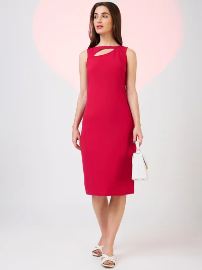 globus Women Cut Out Detail Boat Neck Solid Back Slit Midi Sheath Party Dress