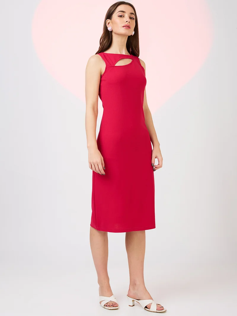 globus Women Cut Out Detail Boat Neck Solid Back Slit Midi Sheath Party Dress