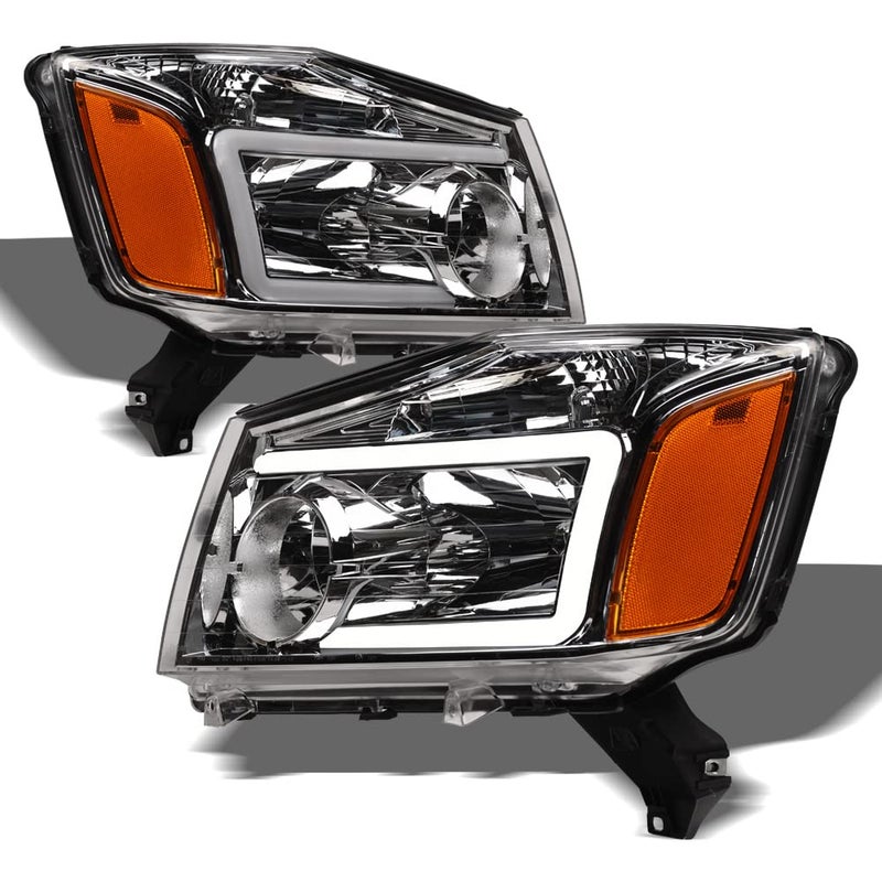TLAPS Chrome Housing Headlights with Amber Reflector for 2004-2015 Nissan Titan & 2004-2007 Armada