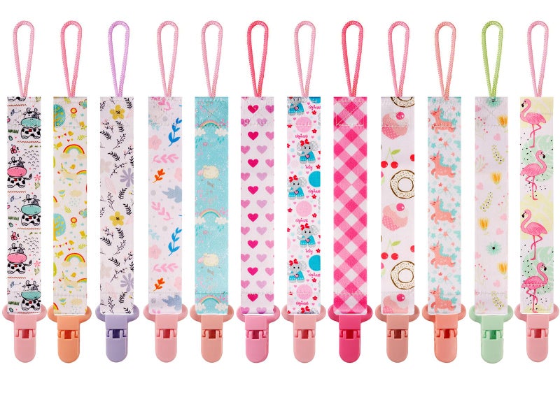 Tamhoo 12 Pack Pacifier Clips with Strap 25.5cm - Premium Polyester Baby Pacifier Holder Set, Multi-Design Clips for Girls Boysï¼ˆMulti Color Bï¼‰ - Image 1
