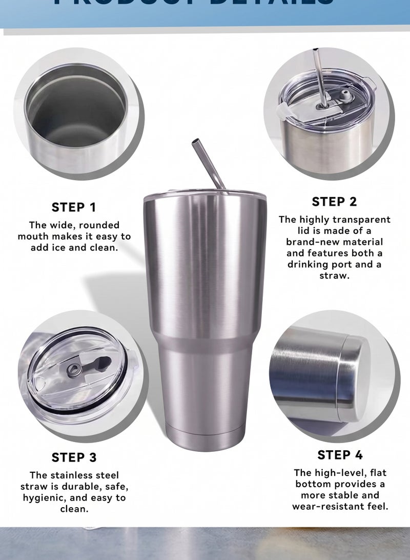 Extra-large 900ml stainless steel vacuum insulated mug with lid and straw, suitable for water, iced tea, or coffee. Dimensions: 10 x 20.5 x 7 cm. - Image 4