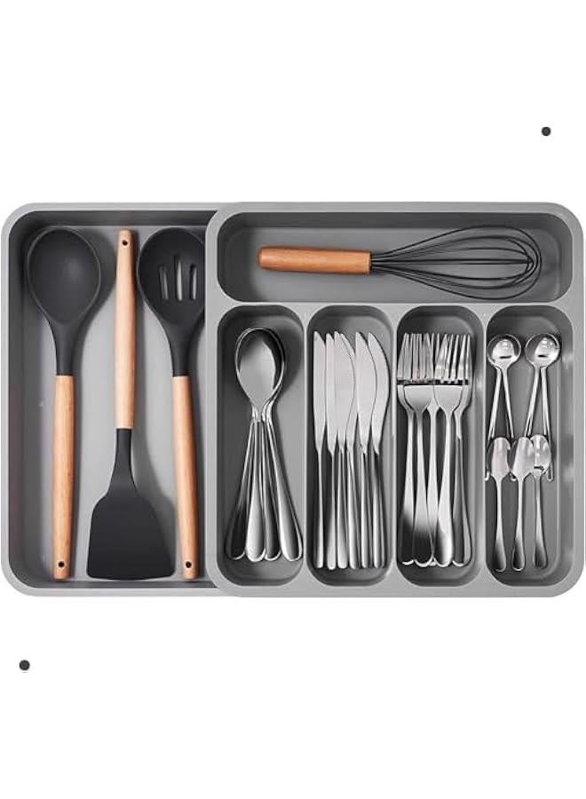 HOOKOR Silverware Drawer Organizer, Expandable Utensil Tray for Kitchen, BPA Free Flatware and Cutlery Holder, Adjustable Plastic Storage for Spoons Forks Knives(Grey) - Image 2