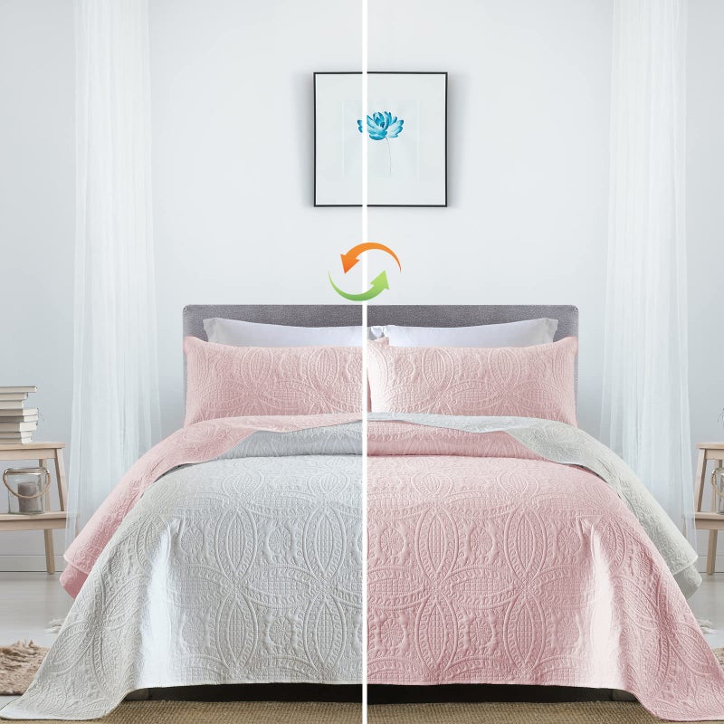 Boryard 3Piece Queen Quilt Set Lightweight Soft Reversible Full Size Quilt Bedspread Coverlet 90x90 inches with 2 Pillow Shams 20x26 inches Pink and White