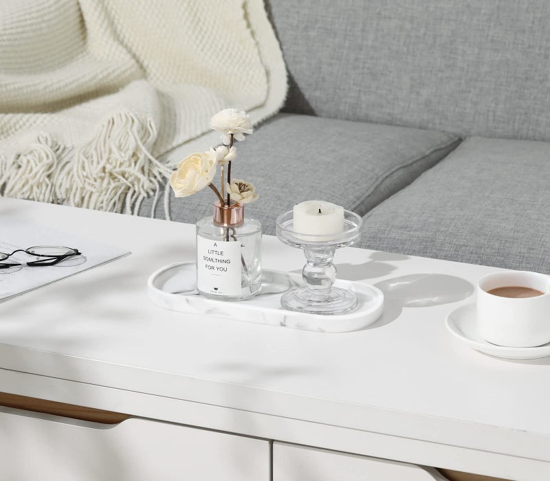 Luxspire Bathroom Vanity Tray Countertop, 10" Marble Tray for Kitchen Counter, Resin Oval Tray for Soap Dispenser and Toilet Tank, Decorative Trays for Perfume, Jewelry, Small, Faux Marble White - Image 5