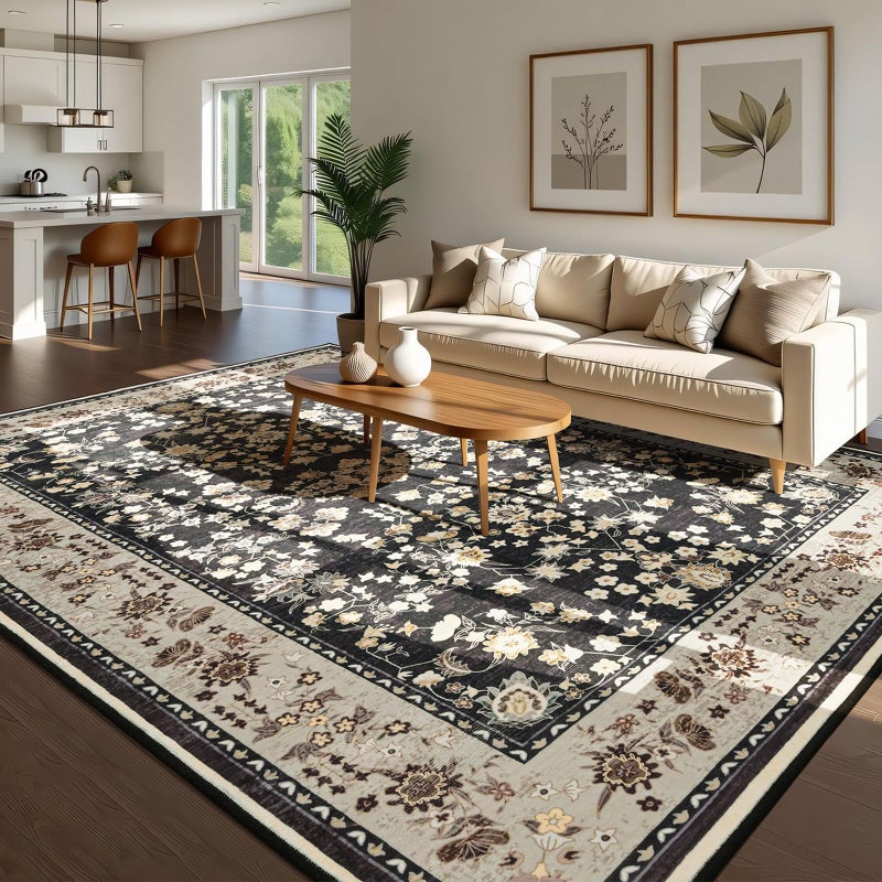 Softlife 4x6 Washable Area Rug for Living Room, Black Camel Non-Slip Rugs for Bedroom, Small Vintage Indoor Mat Under Dining Table, Oriental Modern Print Carpets for Kids Boys Girls - Image 1