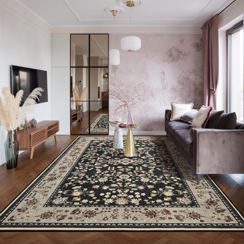 Softlife 4x6 Washable Area Rug for Living Room, Black Camel Non-Slip Rugs for Bedroom, Small Vintage Indoor Mat Under Dining Table, Oriental Modern Print Carpets for Kids Boys Girls - Image 3