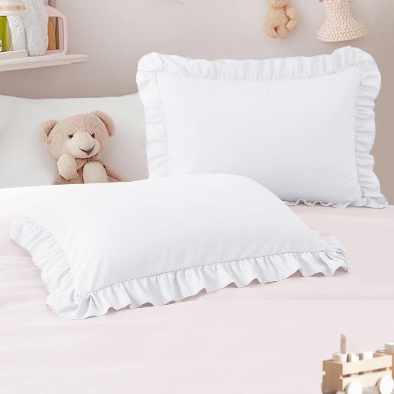 Cobedzy 13x18 Toddler Pillow Cases Set of 2 White  Pink Ruffled Pillow Shams Brushed Microfiber Nursery Pillow Cover for Boys Girls Soft Breathable Machine Washable - Image 2