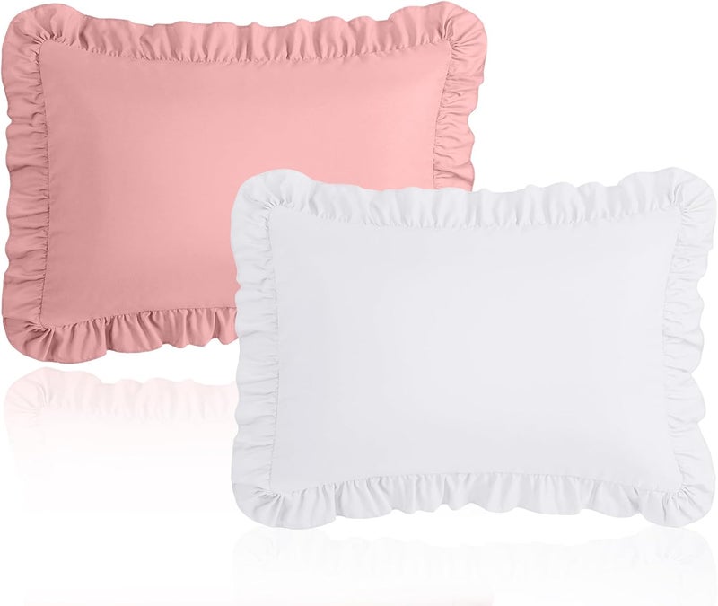 Cobedzy 13x18 Toddler Pillow Cases Set of 2 White  Pink Ruffled Pillow Shams Brushed Microfiber Nursery Pillow Cover for Boys Girls Soft Breathable Machine Washable - Image 1
