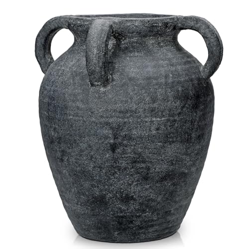 Arborus Handmade Flower Vase, 12" Tall Terracotta Vase, Vintage Black Ceramic vase, Rustic Antique Decor with 3 Handles, Wide Mouth, Matte Finish for Home Office Resto Café Décor - Image 1