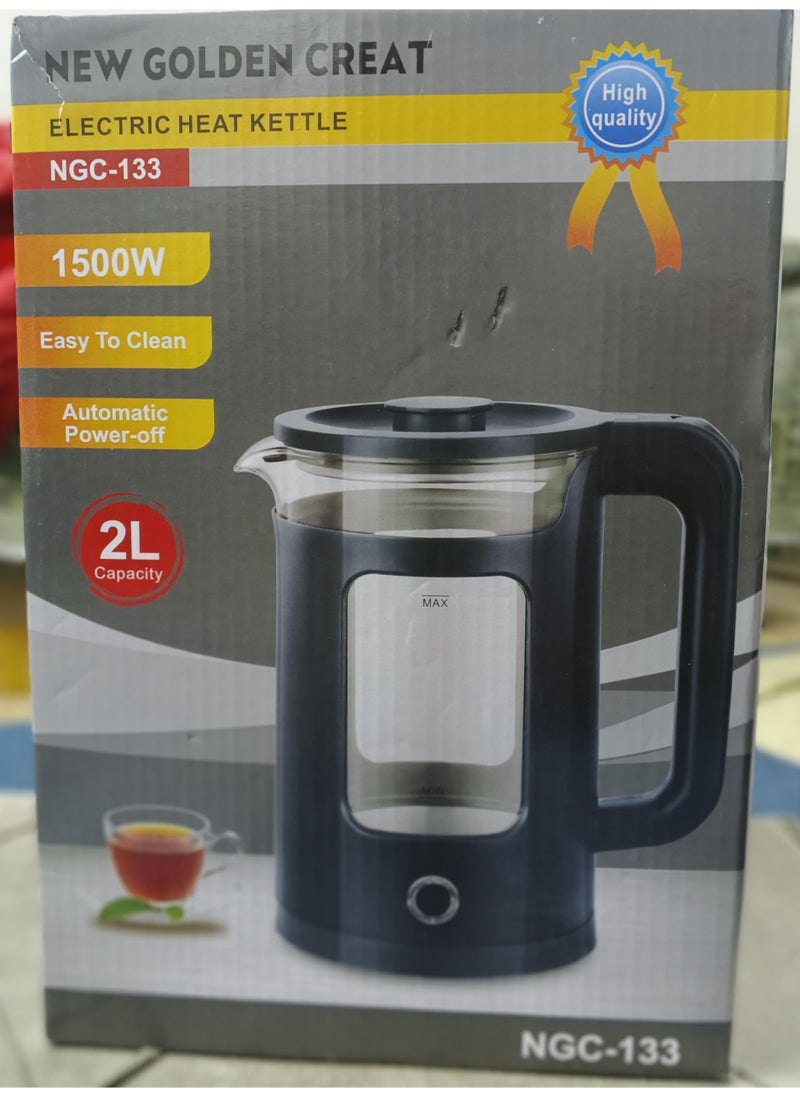 New Golden Creat Electric Kettle 2L Glass Tea Kettle 1500W Fast Boil Water Boiler, Hot Water Heater with Auto Shut-Off, LED Light, Boil-Dry Protection, Cordless 360° Base, BPA-Free, Kettle for Home Office Use – NGC-133 (Black)