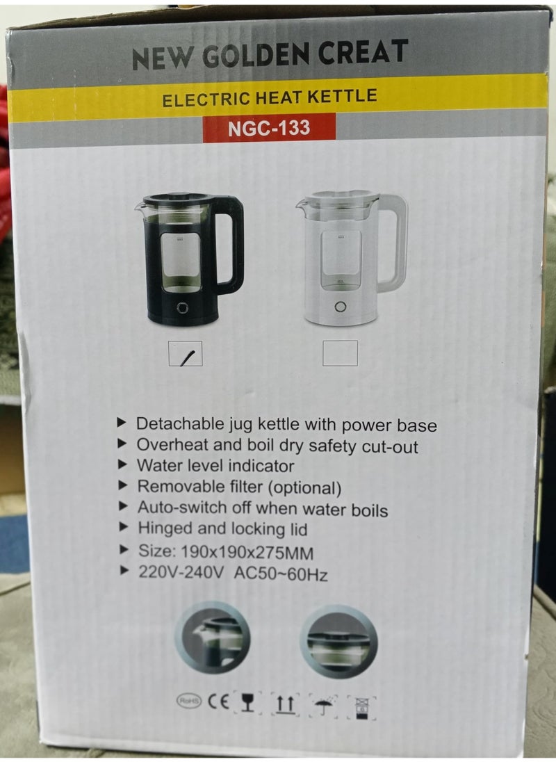 New Golden Creat Electric Kettle 2L Glass Tea Kettle 1500W Fast Boil Water Boiler, Hot Water Heater with Auto Shut-Off, LED Light, Boil-Dry Protection, Cordless 360° Base, BPA-Free, Kettle for Home Office Use – NGC-133 (Black)