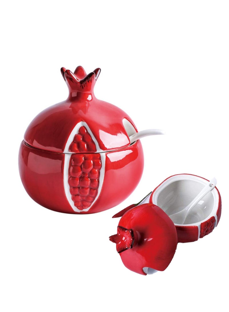 Y&D Colorful Ceramic Fruit Shaped Sugar Bowl with Lid and Spoon Salt Pepper Storage Jar Seasoning Pot Perfect for Storing Dispensing Spices Condiments Red Pomegranate - Image 1