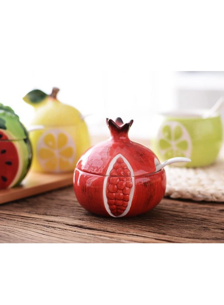 Y&D Colorful Ceramic Fruit Shaped Sugar Bowl with Lid and Spoon Salt Pepper Storage Jar Seasoning Pot Perfect for Storing Dispensing Spices Condiments Red Pomegranate - Image 3