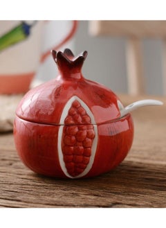 Y&D Colorful Ceramic Fruit Shaped Sugar Bowl with Lid and Spoon Salt Pepper Storage Jar Seasoning Pot Perfect for Storing Dispensing Spices Condiments Red Pomegranate  - Image 2