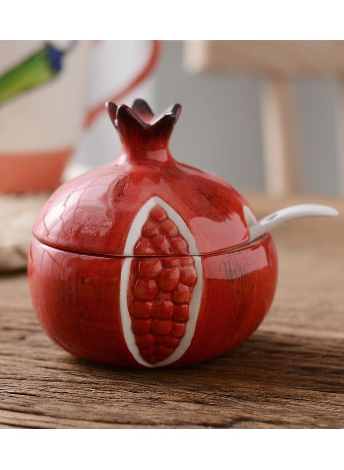Y&D Colorful Ceramic Fruit Shaped Sugar Bowl with Lid and Spoon Salt Pepper Storage Jar Seasoning Pot Perfect for Storing Dispensing Spices Condiments Red Pomegranate - Image 2