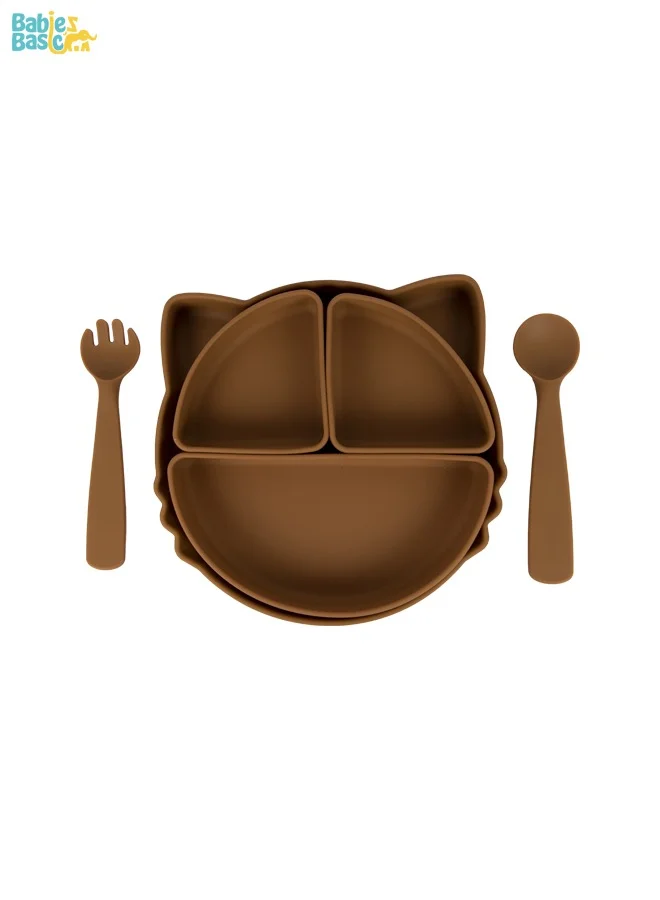 Babies Basic Feeding Set With Removable Sections , 3 Piece, Silicone Set For Self Feeding, Learning & Fine Motor Skills Soft, Easy To Grip,Silicone Suction Plate With Silicone Spoon And Fork- Brown