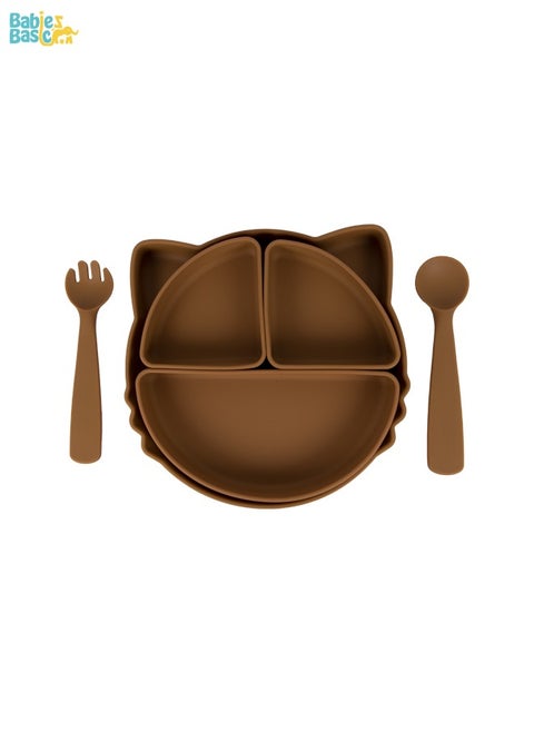 Feeding Set With Removable Sections , 3 Piece, Silicone Set For Self Feeding, Learning & Fine Motor Skills Soft, Easy To Grip,Silicone Suction Plate With Silicone Spoon And Fork- Brown