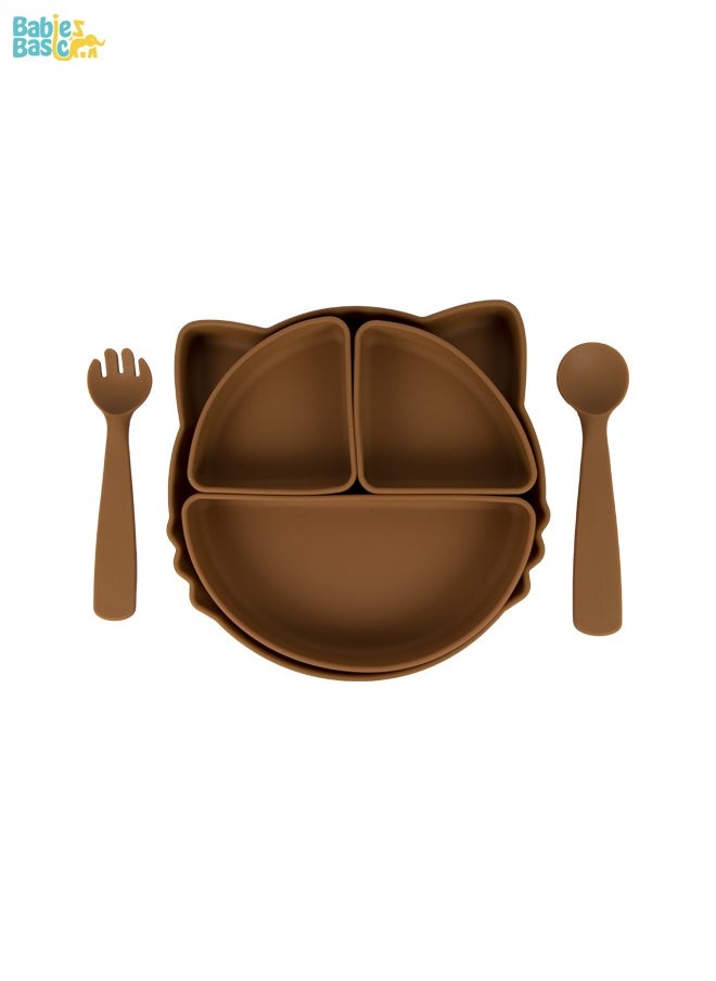 Babies Basic Feeding Set With Removable Sections , 3 Piece, Silicone Set For Self Feeding, Learning & Fine Motor Skills Soft, Easy To Grip,Silicone Suction Plate With Silicone Spoon And Fork- Brown  - Image 1
