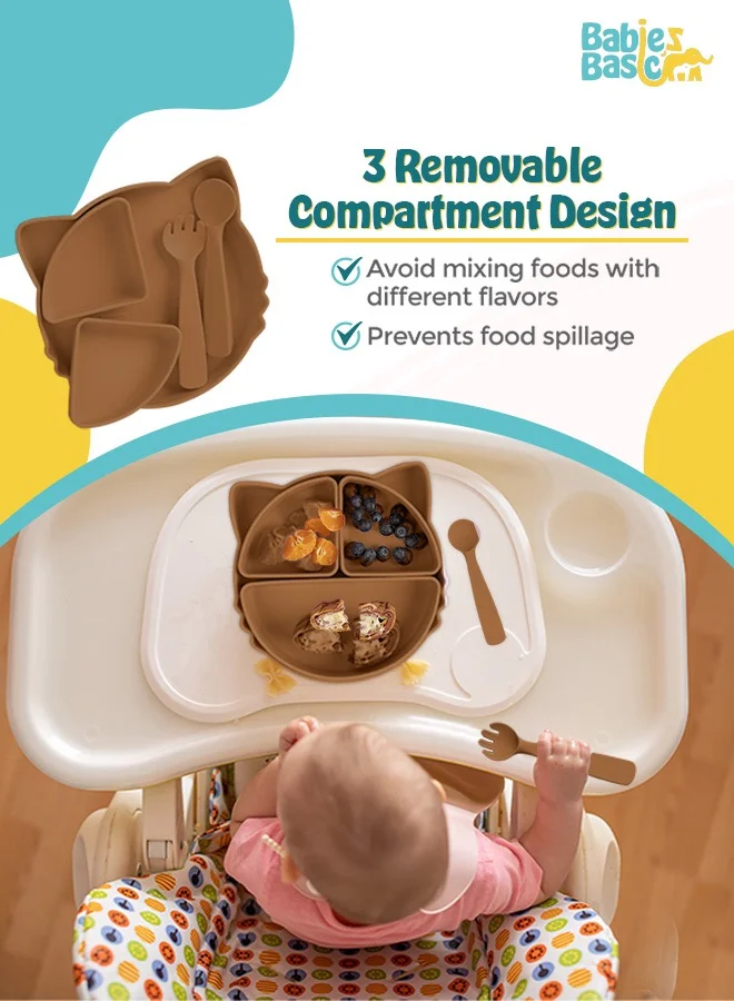 Babies Basic Feeding Set With Removable Sections , 3 Piece, Silicone Set For Self Feeding, Learning & Fine Motor Skills Soft, Easy To Grip,Silicone Suction Plate With Silicone Spoon And Fork- Brown