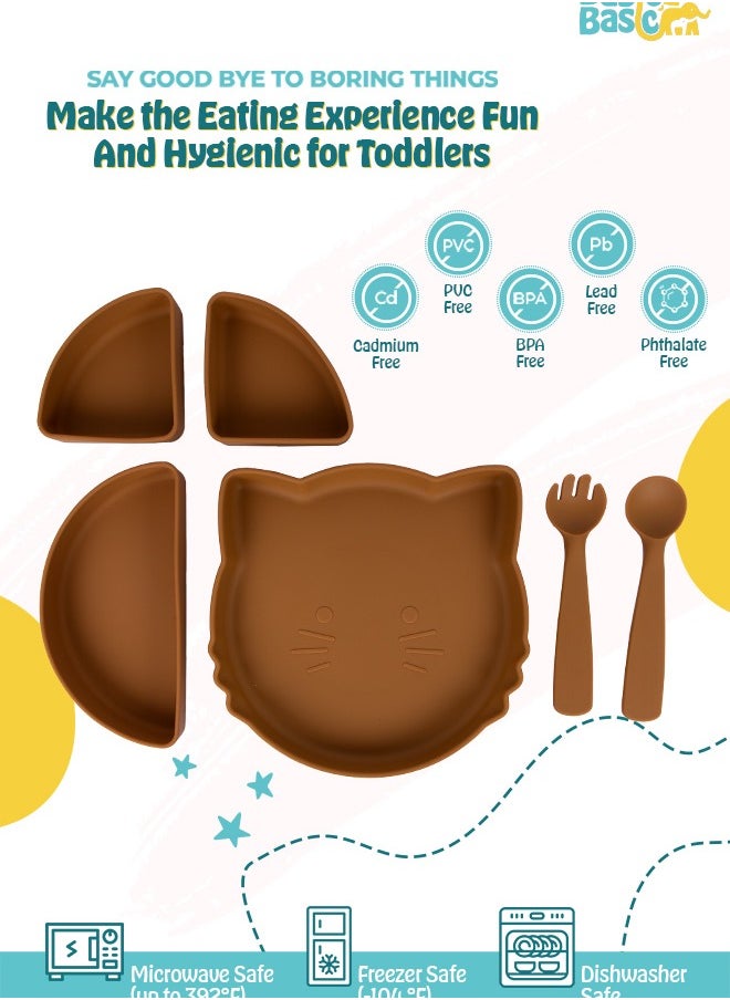 Babies Basic Feeding Set With Removable Sections , 3 Piece, Silicone Set For Self Feeding, Learning & Fine Motor Skills Soft, Easy To Grip,Silicone Suction Plate With Silicone Spoon And Fork- Brown  - Image 3