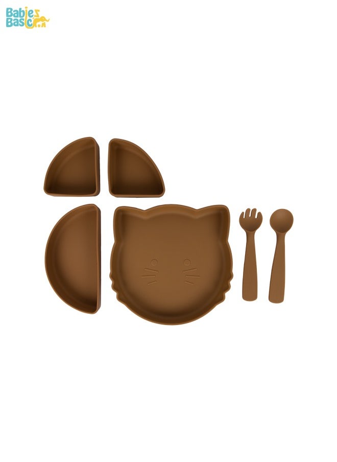 Feeding Set With Removable Sections , 3 Piece, Silicone Set For Self Feeding, Learning & Fine Motor Skills Soft, Easy To Grip,Silicone Suction Plate With Silicone Spoon And Fork- Brown