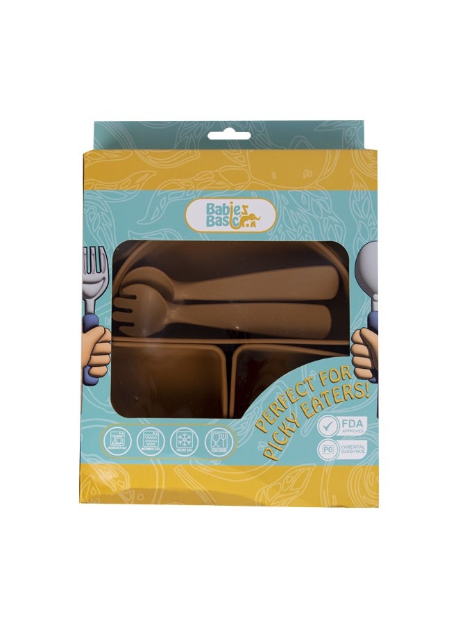 Babies Basic Feeding Set With Removable Sections , 3 Piece, Silicone Set For Self Feeding, Learning & Fine Motor Skills Soft, Easy To Grip,Silicone Suction Plate With Silicone Spoon And Fork- Brown  - Image 5