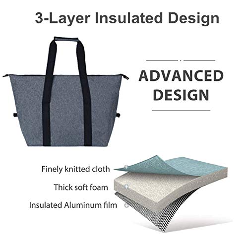 DoroSun Reusable Insulated Shopping Cooler Bag with Zipper Top for Grocery, Thick Alumimum Foam Tote Thermal Bag for Frozen Cold Hot Foods Transport, Grey - Image 2