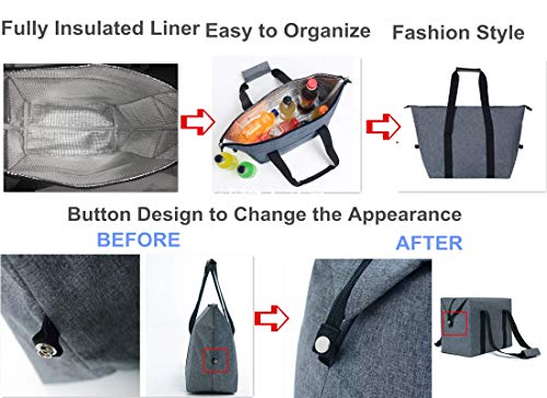 DoroSun Reusable Insulated Shopping Cooler Bag with Zipper Top for Grocery, Thick Alumimum Foam Tote Thermal Bag for Frozen Cold Hot Foods Transport, Grey - Image 4